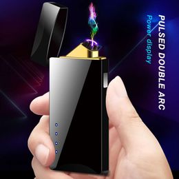 Indoor Outdoor Cigarette Windproof Rechargeable Electric Without Gas Lighter Led Power Display Flameless Dual Arc Plasma Usb Lighter