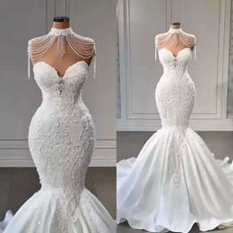 Abiti da sposa sirena da sposa abito splendido fuori dalla spalla scollatura a cuore perline treno raso plus size vestidos de