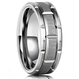Band Rings Modern mens 8MM stainless steel ring with silver brushed double groove pattern wedding party Jewellery Q240429