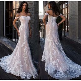 Wedding Dresses Pink Mermaid Blush Elegant Off Shoulder Appliques Lace Up Back Bridal Gowns Summer Boho Vestidos De Novia Bc