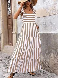 Casual Dresses Elegant Striped Print Strap Dress Female Fashion Off Shoulder Lace Up Sleeveless Lady Loose Holiday Beach Vestidos