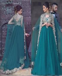 Gorgeous 2018 Teal Tulle Arabic Dresses Evening Wear With Pretty Lace Appliques High Collar Wraps Formal Gowns Custom Made EN100789996245