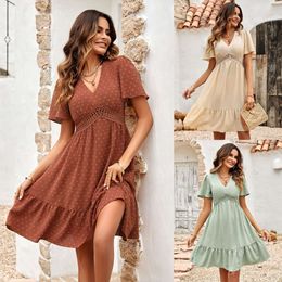 2024 Leisure Spring/summer New Women's Fresh V-neck Solid Color Ruffle Sleeve Dress for Women F43043