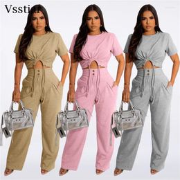 Women's Two Piece Pants Vsstiar Summer Casual Women Set Short Sleeve O Neck Shirring Crop Top High Waist Pockets Solid Matching Suits