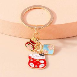 Keychains Lanyards Cute Wealth Cat Keychain Charm Lucky Bag Japanese Sakura Keychain Pendant Womens Handmade Jewelry Gift Q240429