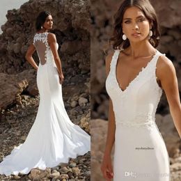 Elegant Cheap Simple Mermaid Dresses Deep V Neck Lace Appliques Satin Illusion Back Sweep Train Wedding Dress Bridal Gowns 0430