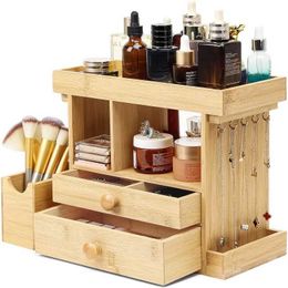 Cosmetic Organizer Bamboo Makeup Jewelry Storage Multi functional Box Bracket Suitable for Dressing Tables Desks Bathrooms Q240429