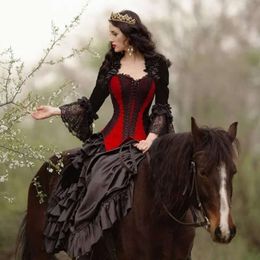 Hochzeit und rote Vintage Schwarze Kleider Gothic Brautkleid mit Langarmjacke Veet Sweep Zug Schatz Vestido de Novia Lace Korsett Rücken 403