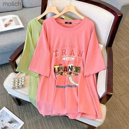 Women's T-Shirt 160Kg Plus Size Womens Chest 175 Summer Loose Round Neck Short Sleeve Letter Printed Long T-shirt Green Pink 6XL 7XL 9XL 10XLWX