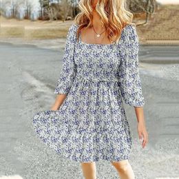 Casual Dresses Women Spring Summer Boho Floral Square Neck Smocked 3/4 Sleeve A Line Swing Midi Dress Woman