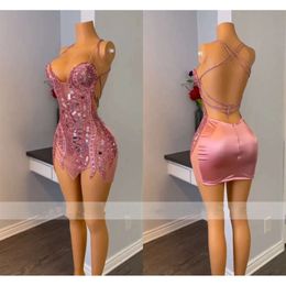 Sequins Prom Short Pink Halter For Black Girls 2024 Sexy Crystals Mini Tail Dresses Birthday Party Gown 0510