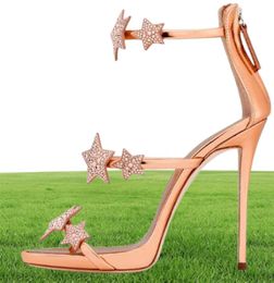 Women Rose Gold Patent Leather High Heel Sandals with Crystal Stars Evening Dress Heels Shiny Sliver Slim Platform Summer Shoes4532871