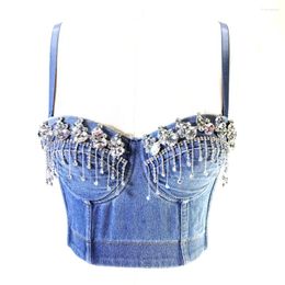 Women's Tanks Women Summer Denim Bodycon Crop Top With Bra To Wear Out High Street Crystal Diamonds Tassel Club Party Bustier Camisole Tops