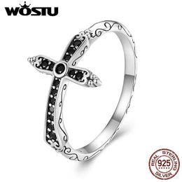 Band Rings WOSTU Retro 925 Sterling Silver Black Zircon Womens Cross Ring Punk Stackable Hip Hop Jewelry Gift CQR930 Q240429