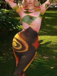 Casual Dresses Bangniweigou Full Sleeve Mesh See Through Fashion Print Slim Round Neck Maxi Dress Multicolor Robe