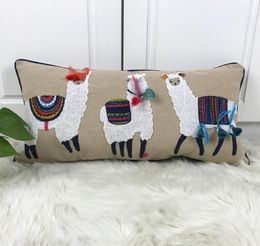 Cute Alpaca Cushion Cover Beige Embroidery Pillow Case with Tassels For Sofa Couch Bed Rectangle Home Decorative 30x60cm Y2001035900695