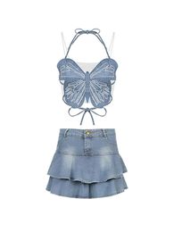 Y2K Vintage Wash Blue Women Butterfly Suspender Vest Sexy Backless Tie Up Girls Slim Halter Tank Tops 2000s Club Streetwear 240412