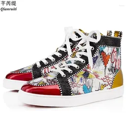 Casual Shoes Qianruiti Men Graffiti Painting High Top Spiked Sneakers Mixed Color Lace Up Flats Rubber Sole Runway Male