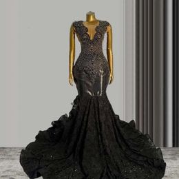 Elegant Black Sequin Beads Mermaid Prom Dresses 2024 Sexy Sheer Mesh Handmade Flowers Birthday Party Gowns Forblack Girl 0431