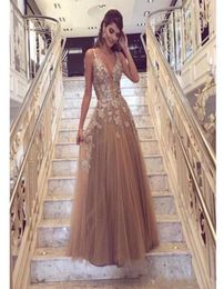 Modest Champagne Prom Dresses 2018 Sexy Spaghetti Floor Length Aline Evening Dress Lace Applique Special Occasion Party Dress9764524