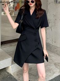 Party Dresses Korean Vintage Mini Blazer Dress Women Elegant OL Button Irregular Design Y2K 2024 Summer Casual High Waist