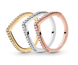 Womens Sterling Silver Sparkling Wishbone Rings Rose Gold Wedding Jewellery For CZ diamond Love heart girlfriend gift Ring with Original Box3055633