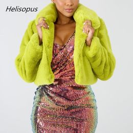 Helisopus Fashion Lime Green Short Women Jacket Winter Warm Faux Fur Coat Fluorescent Cardigan Cropped Jacket Fluffy Teddy Coats 267M