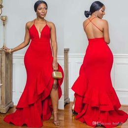 Sexy Cheap Simple Plus Size Red Prom Dresses V Neck Ruffles Backless Floor Length Formal Dress Wear Party Evening Gowns Ogstuff 0430