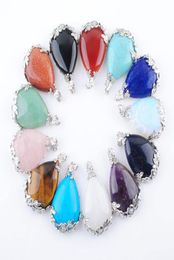 Whole Natural Gemstone Teardrop Pendant Inlaid Metal Flower Water Drop Pink Quartz Lapis Crystal Opal Turquoise Agate Women Me7894827