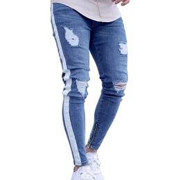 Knee Hole Sides Zipper Slim Distressed Jeans Men Ripped tore up Jeans For Men stripe pants 277L