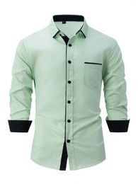 Men's Casual Shirts White Black Lapel Patchwork Business Formal Pocket Tops Long Sleeve Shirt Men Clothing