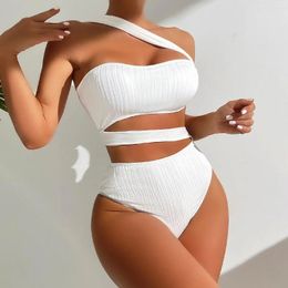 Women's Swimwear White One Piece Swimsuit For Women High Waist Hollow Out Bikini Sexy Irregular Single Shoulder Backless Monokini 2024