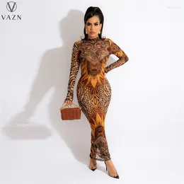 Casual Dresses VAZN 2024 Spring See Through Lace Dress Vintage Holiday Sexy Open Backless Full Sleeve Women High Waist Long Pencil