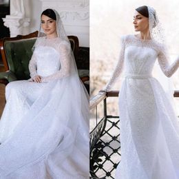 Sequins Gorgeous Long Sheath Sleeves For Dress Wedding Dresses Bridal Gowns With Detachable Train Saudi Arabic Bride Dress es