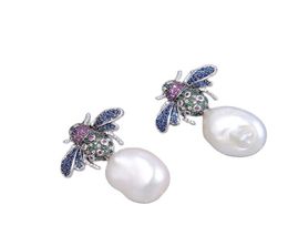 GuaiGuai Jewellery Natural Freshwater White Coin Pearl Silver Colour Plated Cz Pave Insect Stud Earrings Cute For Women8784163