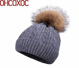 OHCOXOC New Women Beanies Real Fur Pom Poms Ball Cap Keep Warm Beanies Skullies rhinestone beads luxury mink pom winter hats3114680