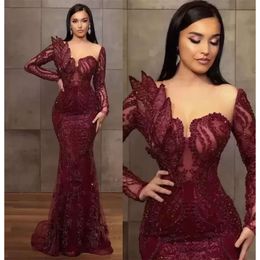 Dresses Gorgeous Evening Bury Beaded Mermaid Sheer Neck Prom Dress Long Sleeves Formal Party Second Gowns Arabic Aso Ebi Mor Bc12326