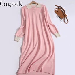 Casual Dresses Gagaok Patchwork Lapel Loose Fitting Sweater Dress Women Autumn Winter 2024 French Fashionable Knitted Chic Vestidos