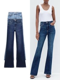 TRAF Womens Slim High Waist Flared Jeans Pocket Zip Button Closure Stretch Wide Leg Trousers Washed Effect Fashion 240423