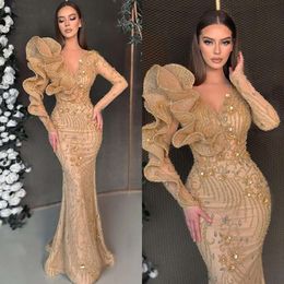 Mermaid V Evening Champagne Neck Sleeves Sexy Beads Sequins Formal Party Prom Dress Red Carpet Long Dresses For Special Ocn es