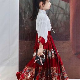 Ethnic Clothing Ancient Chinese Hanfu Girls Improved Horse Face Skirt Chinese Tang Dynasty Ancient Girls Set Childrens Ancient Summer and Aut