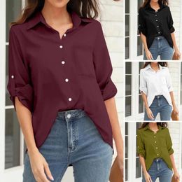 Women's Blouses Lapel Roll-up Sleeves Single-Breasted Women Shirt Simple Casual Patch Pocket Top Female Clothing