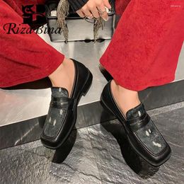 Casual Shoes RIZABINA Genuine Leather Women Loafers Stylish Square Toe Spotted Design Feamle Punk Style Party Flat