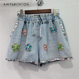 Women's Shorts European Station 2024 Summer Heavy Handmade Flower Rhinestone Denim Street Elastic Waist Loose Slim Wide Leg Pants