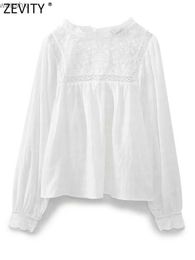 Women's Blouses Shirts Zevity Womens Fashion Flower Embroidery Lace Panel White Smoke Shirt Womens Long sleeved Casual Shirt Blusas Unique Top LS3833L2405