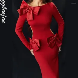 Casual Dresses Ggbaofan Sexy Split Red Bow Maxi Dress Party Club Outfits For Women Elegant Christmas Backless Cut Out Long Sleeve