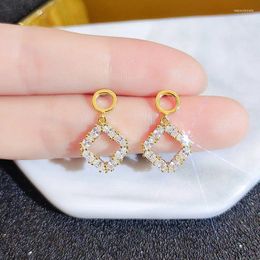 Stud Earrings 14k Gold Real Plated Drop Wedding Bridal Accessories Shine Full Diamond Elegant Women Fine Party Jewelry