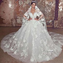 2021 Modern Lace Flowers A Line Wedding Dresses Plus Size Bridal Dress Backless Sheer Neck Pearls Beaded Bride Ball Gown 0431