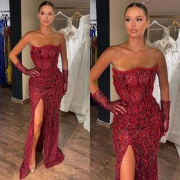 Dresses Sequins Pearls Evening Mermaid Party Strapless Prom Split Formal Long Red Carpet Dress For Special Ocn