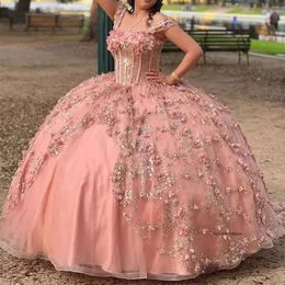 2024 Księżniczki Dziewczyny Quinceanera Sukienki Golld Flower Tull Lace Up Ball Suknia Bithday PROM ZESPÓŁ VEVIDO DE 16 0431
